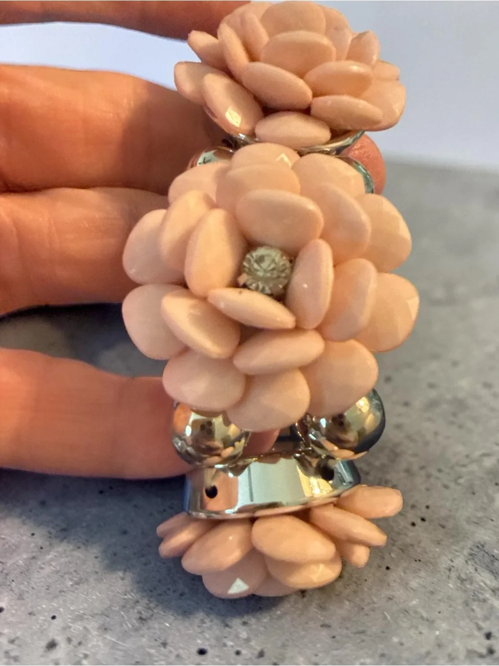 Vintage Blush Flower Stretch Bracelet Silver Tone Statement Costume Jewelry